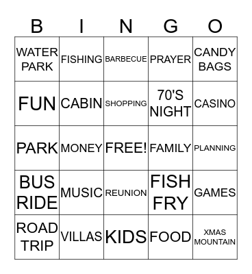 WISCONSIN FAMILY TRIP Bingo Card