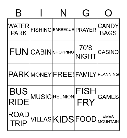 WISCONSIN FAMILY TRIP Bingo Card