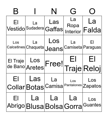 La Ropa Bingo Card