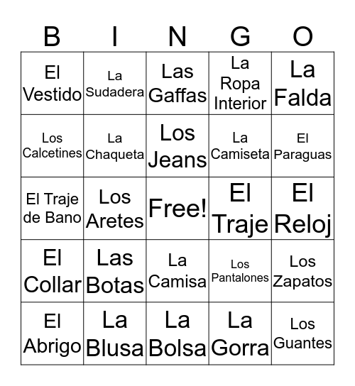 La Ropa Bingo Card