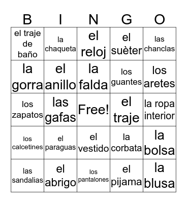La Ropa Bingo Card