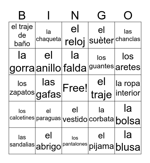 La Ropa Bingo Card