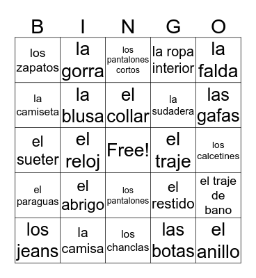 La Ropa Bingo Card