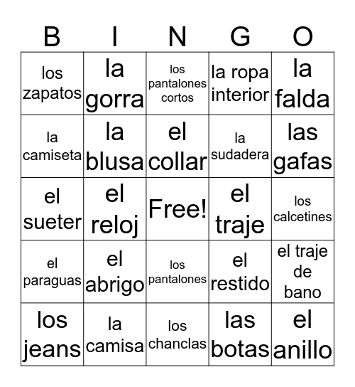 La Ropa Bingo Card