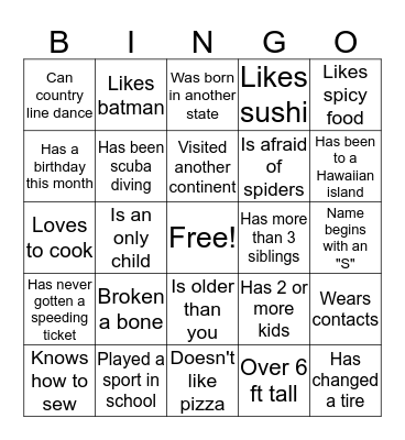 Getting To Know You! Bingo Card