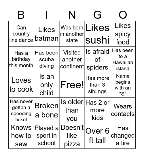 Getting To Know You! Bingo Card