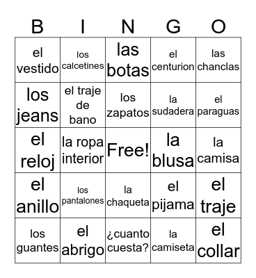 La Ropa Bingo Card