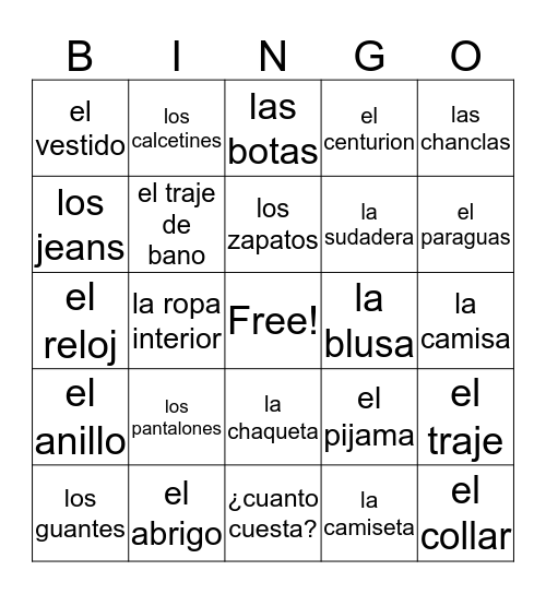 La Ropa Bingo Card