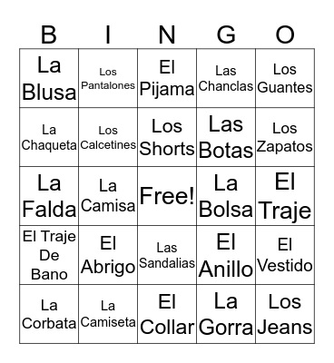 La Ropa Bingo Card