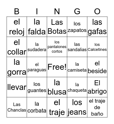 La Ropa Bingo Card