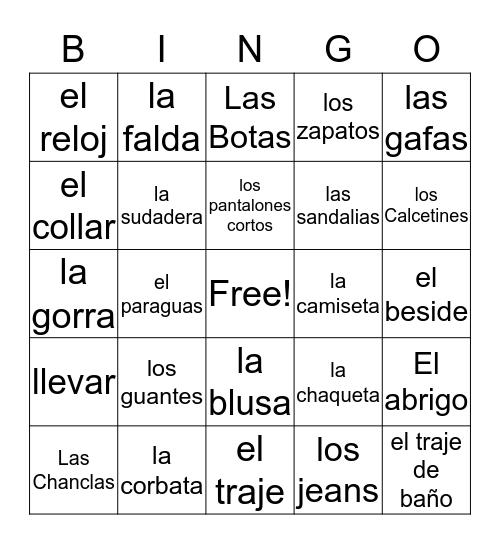 La Ropa Bingo Card