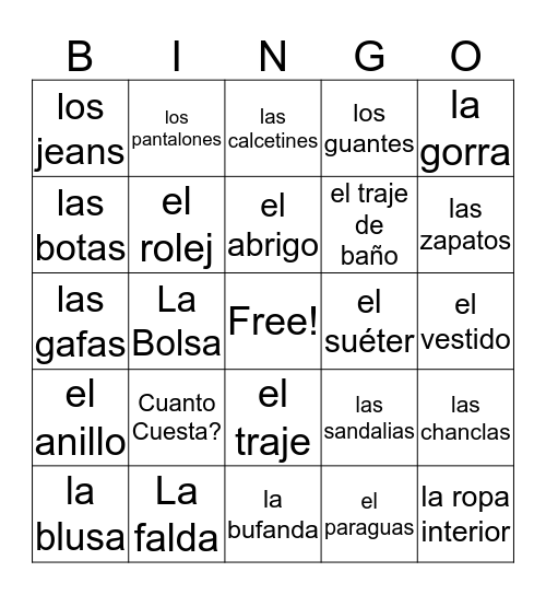 La Ropa Bingo Card