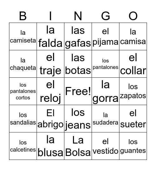 La Ropa Bingo Card