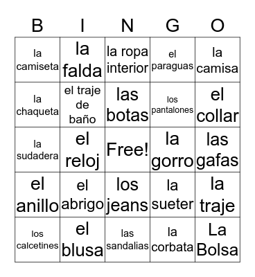 la ropa Bingo Card