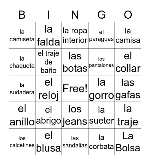 la ropa Bingo Card