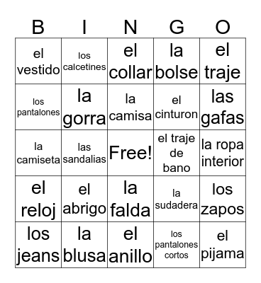 La Ropa Bingo Card