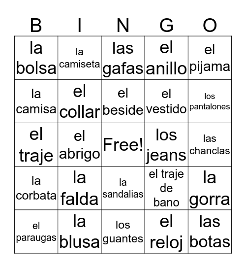la ropa  Bingo Card