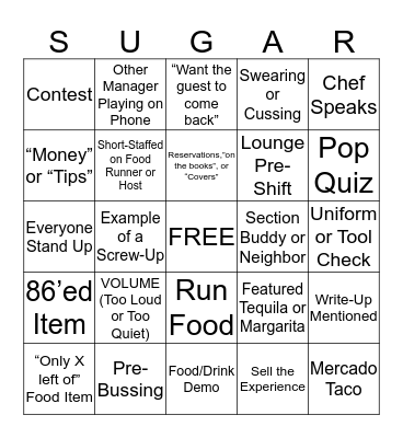 Mexican Sugar Pre-Shift Bingo Card