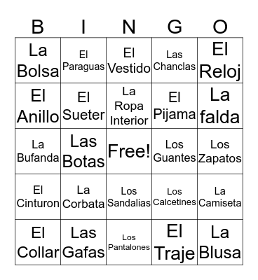 Spanish II - Bingo Card