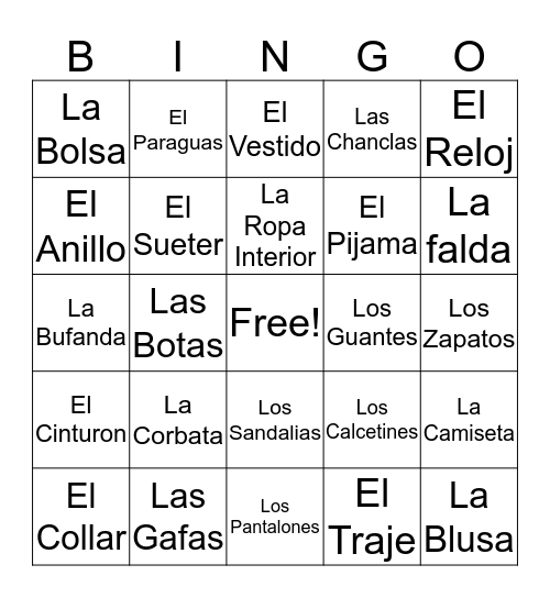 Spanish II - Bingo Card