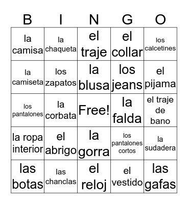 La Ropa Bingo Card
