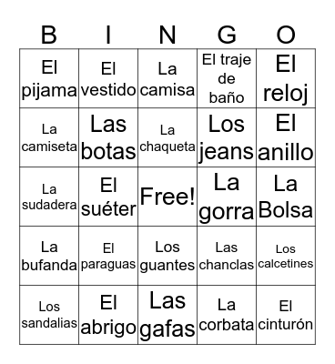 La Ropa Bingo Card