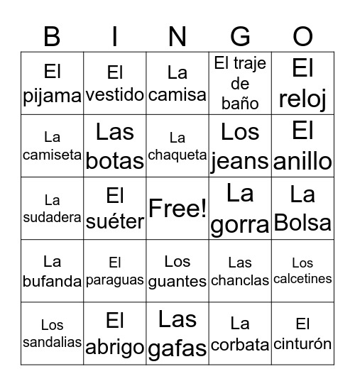 La Ropa Bingo Card