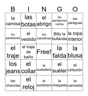 Las Ropas Bingo Card
