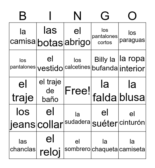 Las Ropas Bingo Card