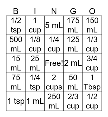 Measuring Bingo Card