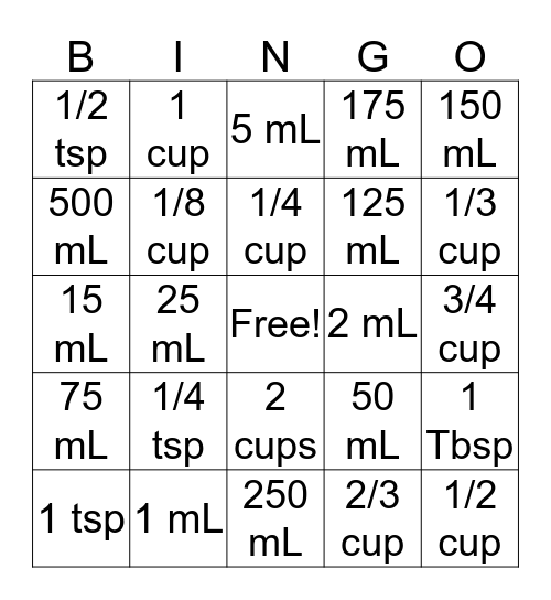Measuring Bingo Card
