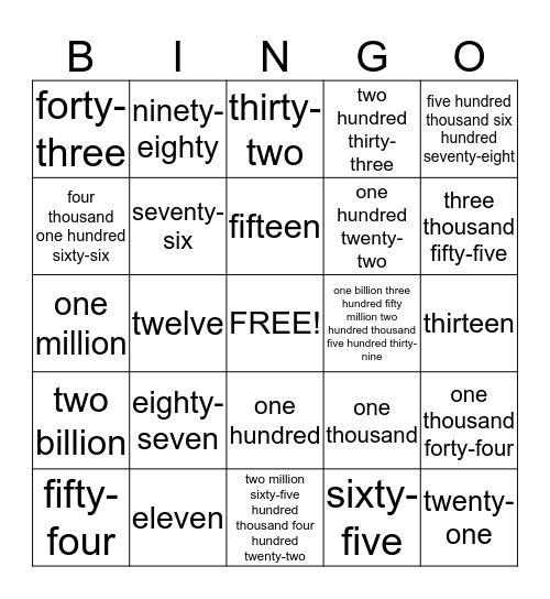 Numbers Bingo Card