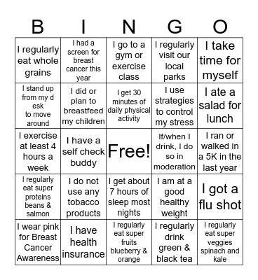 Reduce Breast Cancer Bingo Card