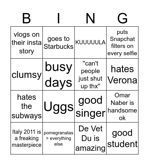 The Official Sophia Bingo Card