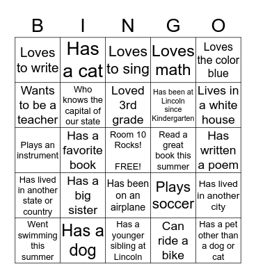Room 10 Bingo!  Find somebody who... Bingo Card
