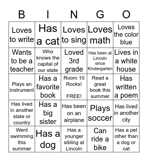 Room 10 Bingo!  Find somebody who... Bingo Card