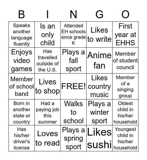 Getting to Know You Bingo Card