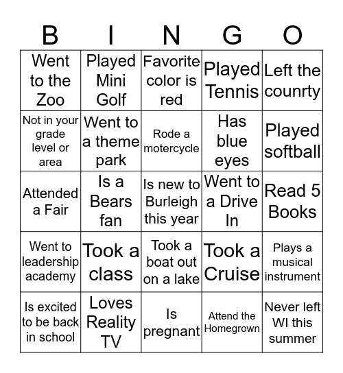Welcome Back Bingo Card