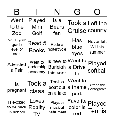 Welcome Back Bingo Card