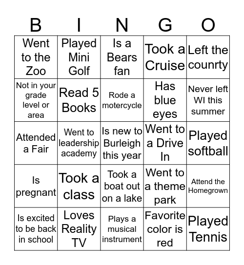 Welcome Back Bingo Card