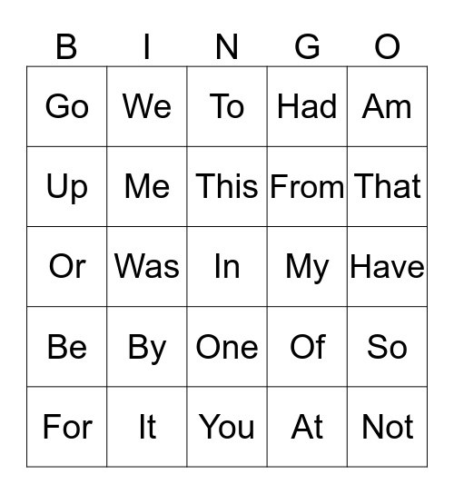 sight words Bingo Card