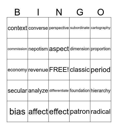 Unit 1 Vocabulary Bingo Card