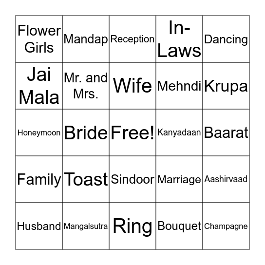 Krupa's Bridal Shower Bingo Card
