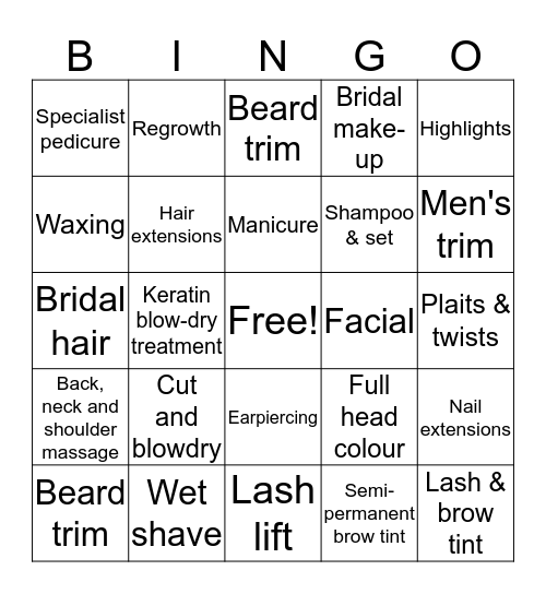 Unit 101-Task B-Services offered in a hair and beauty salon  Bingo Card