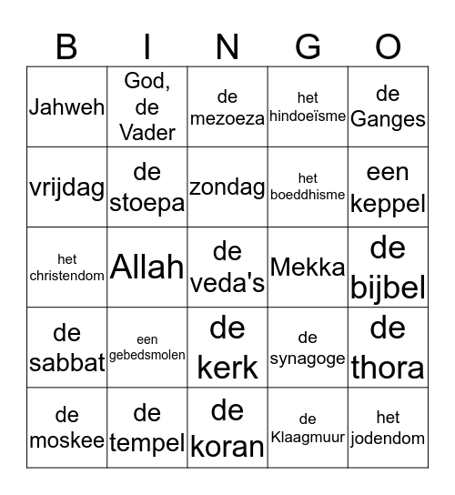 de vijf wereldgodsdiensten Bingo Card
