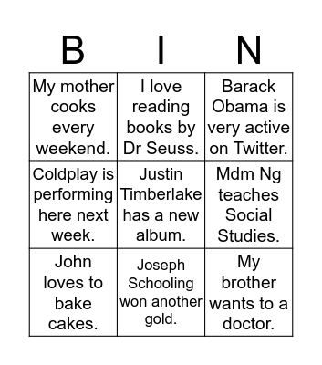 Noun Phrases in Apposition Bingo Card