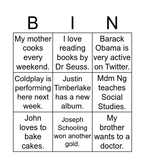 Noun Phrases in Apposition Bingo Card