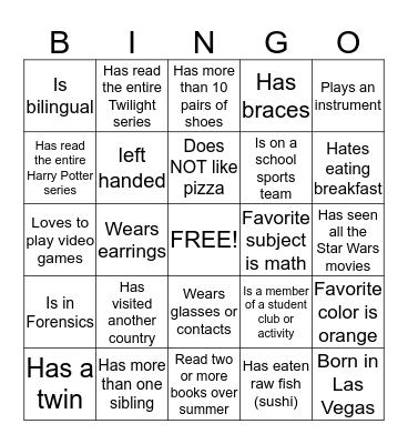 Class Bingo Card