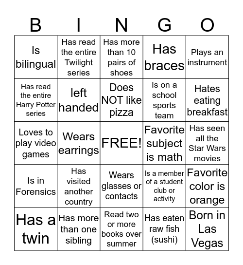 Class Bingo Card