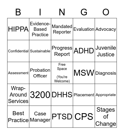 Social Worker Bingo Card